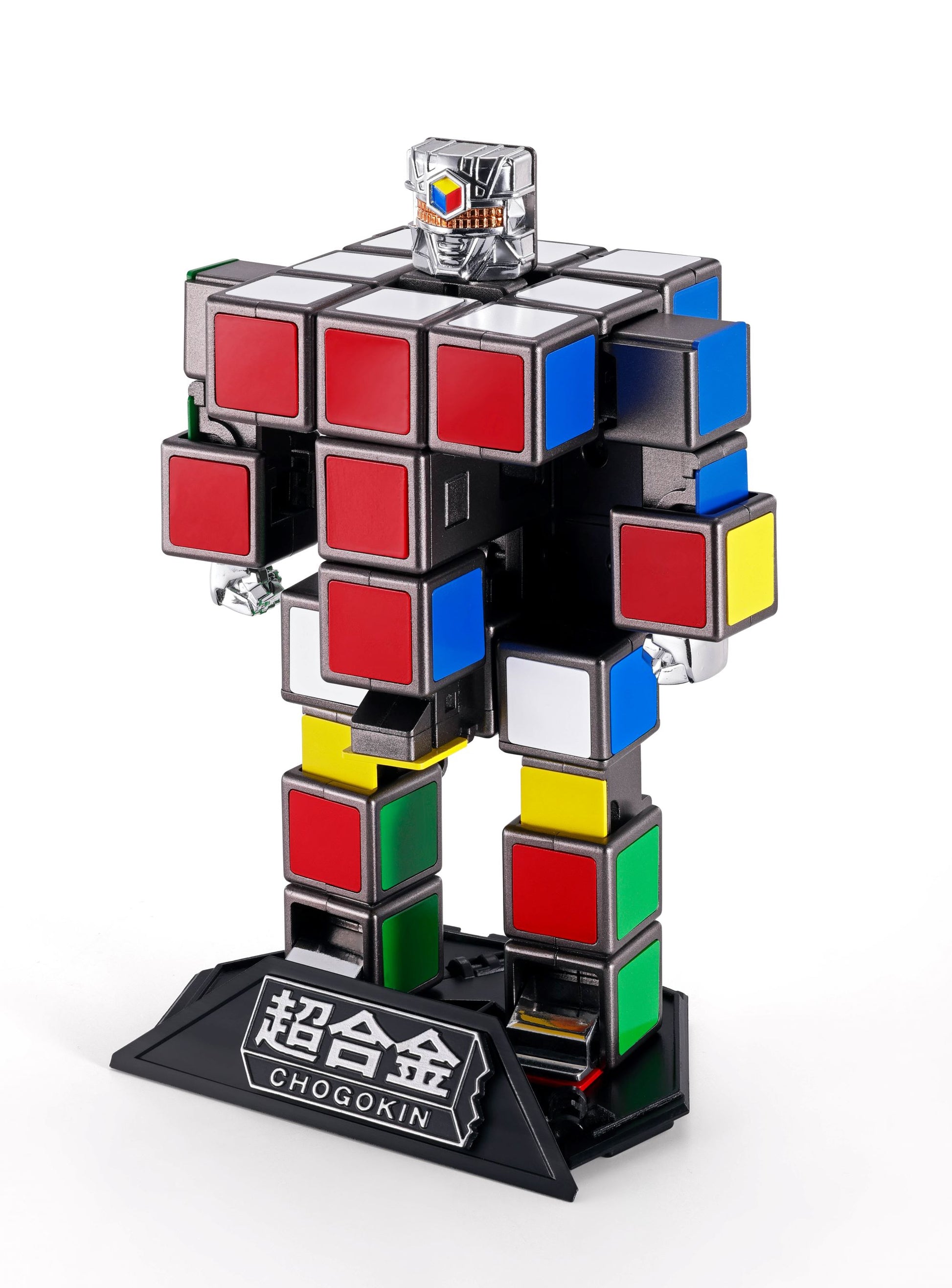 RUBIK'S CUBE ROBO "RUBIK'S CUBE", TAMASHII NATIONS CHOGOKIN on a stand